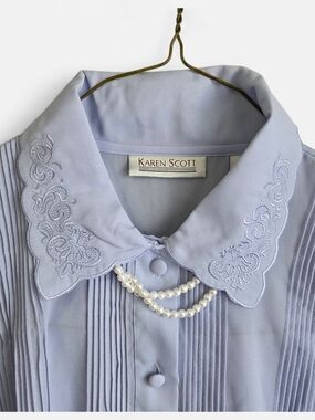 Karen Scott Embroidered Collar Blouse with Pearl Accent